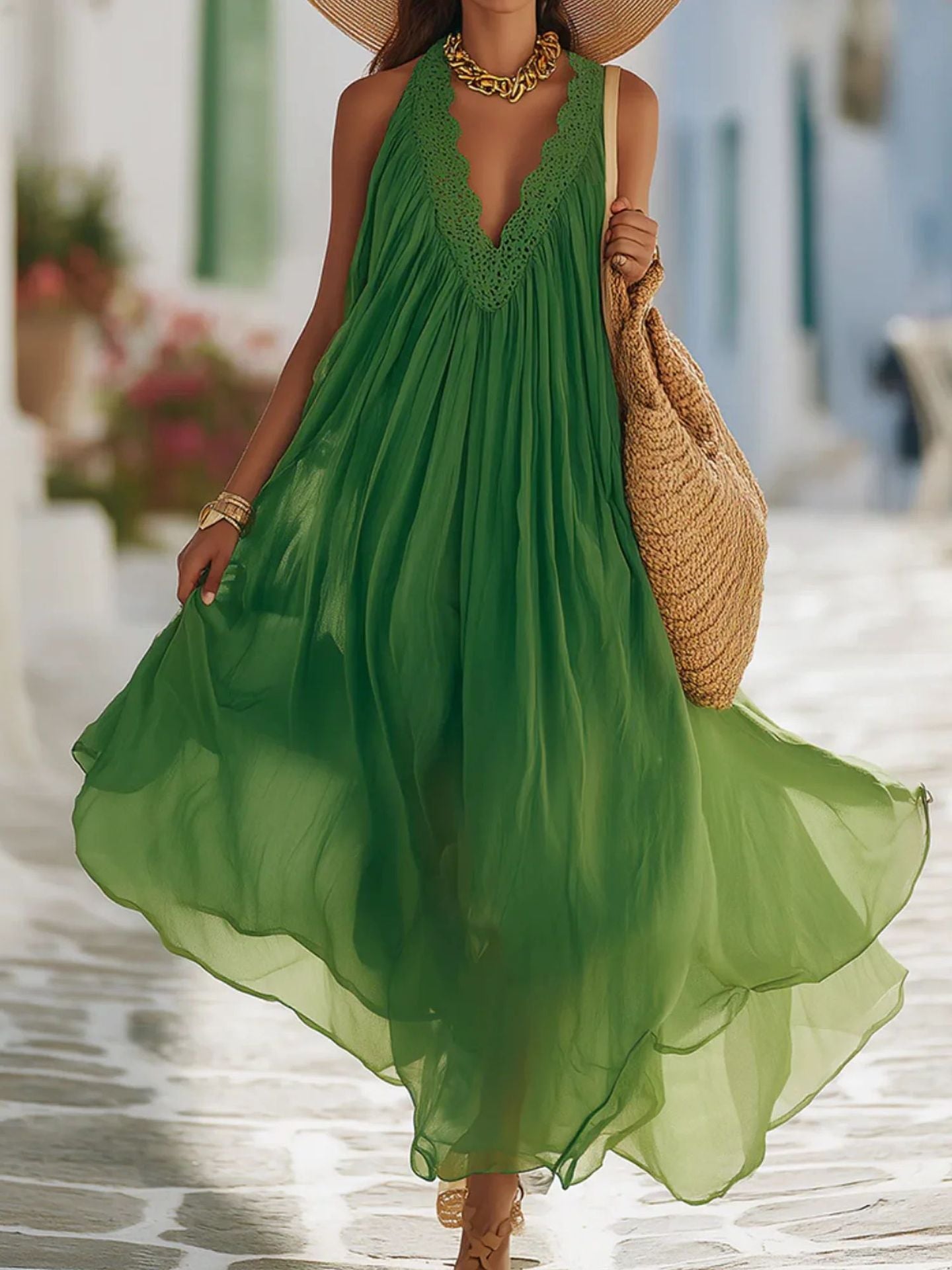 Vibrant Green Crochet Lace Halter Sheer Chiffon Flow Maxi Kaftan Dress