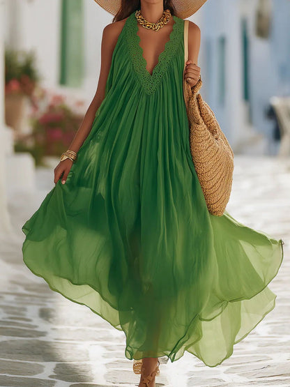 Vibrant Green Crochet Lace Halter Sheer Chiffon Flow Maxi Kaftan Dress