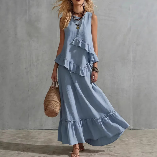 Asymmetrical Ruffle Sleeveless Textured Maxi Dress, Flowy Loose Summer Resort Long Dress