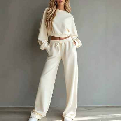 Women Casual 2‑Piece Tracksuit Set Cropped Sweatshirt Wide Leg Pants Loungewear Outfit
