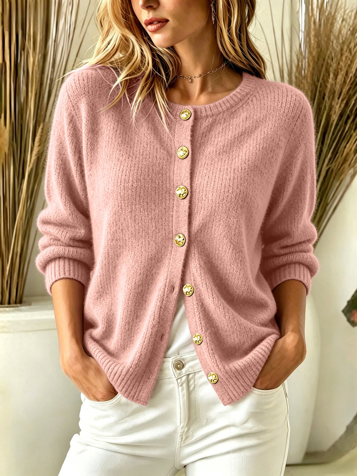 Crew Neck Gold‑Button Ribbed Knit Cardigan