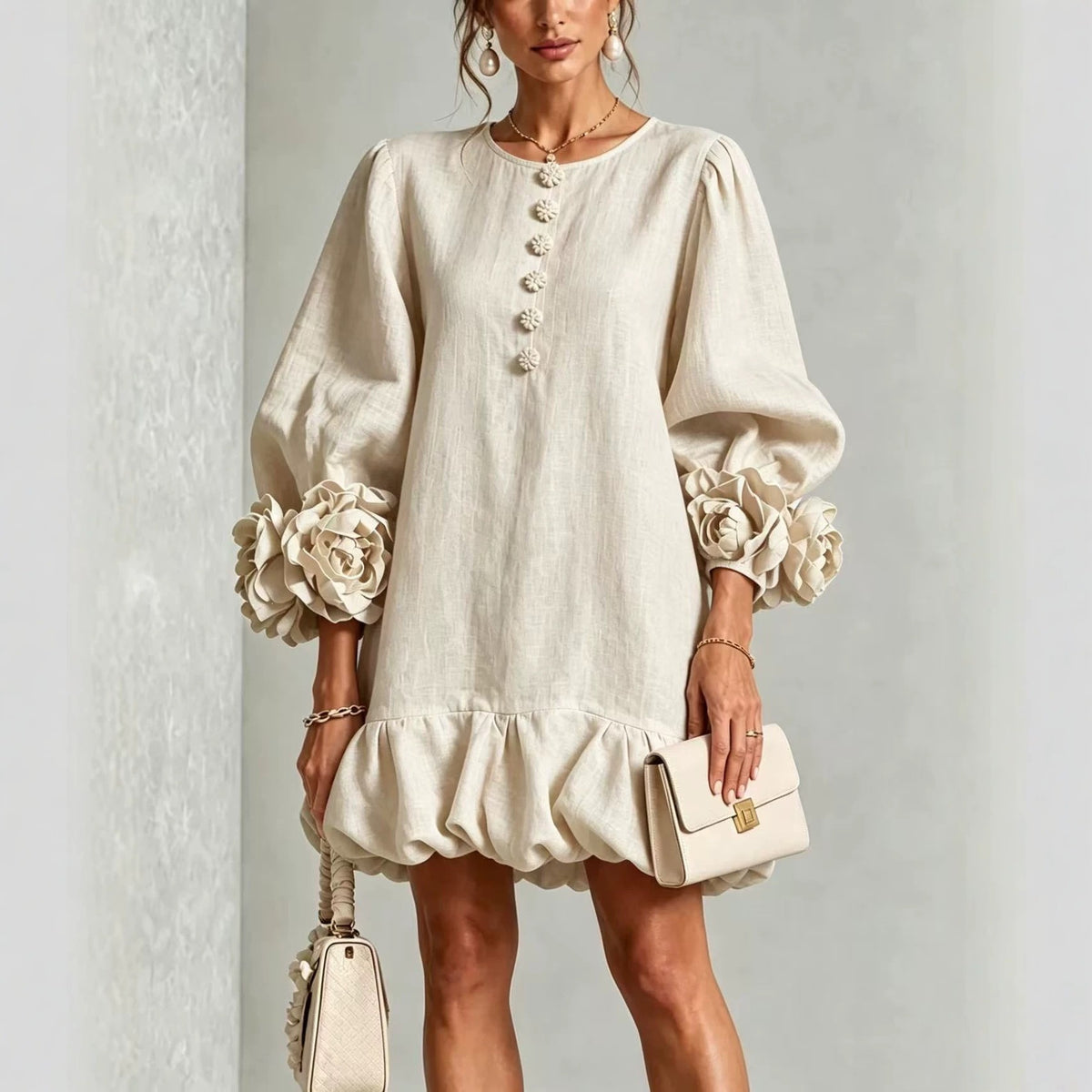 Floral Cotton-Linen Ruffled Dress