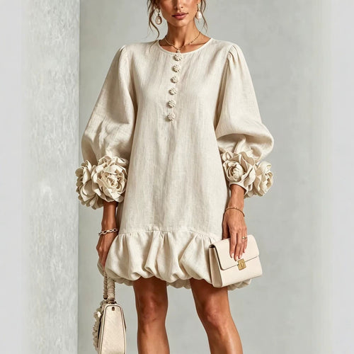 Floral Cotton-Linen Ruffled Dress