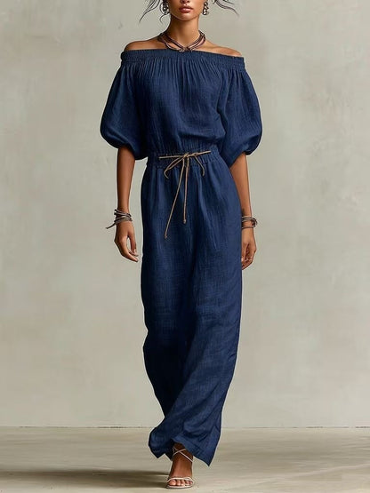 Off‑The‑Shoulder Linen‑Blend Maxi Dress