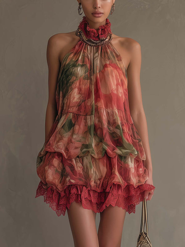 Romantic Floral Halter Tiered Lace Trim Mini Dress