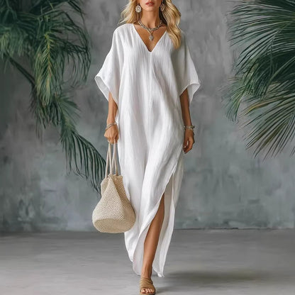 Linen Blend V-Neck Kaftan Maxi Dress