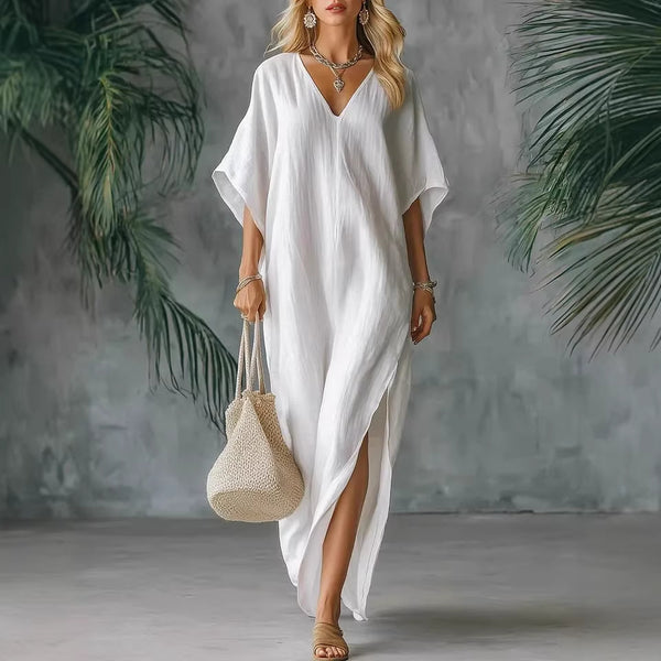 Linen Blend V-Neck Kaftan Maxi Dress