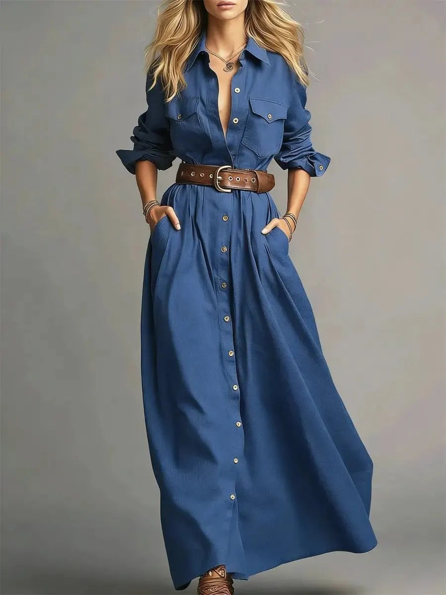 Lapel Collar Button Front Maxi Dress Women Long Sleeve A‑Line Casual Shirt Dress With Pockets