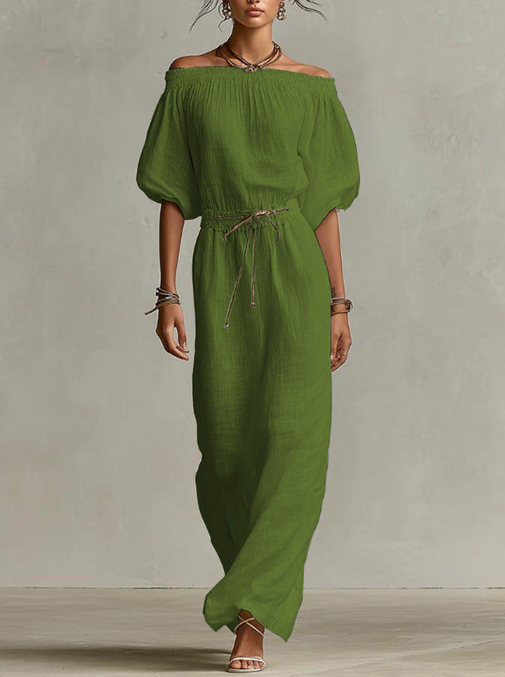 Off‑The‑Shoulder Linen‑Blend Maxi Dress