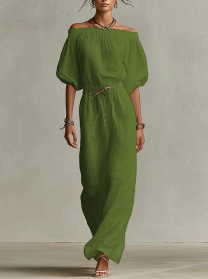 Off‑The‑Shoulder Linen‑Blend Maxi Dress
