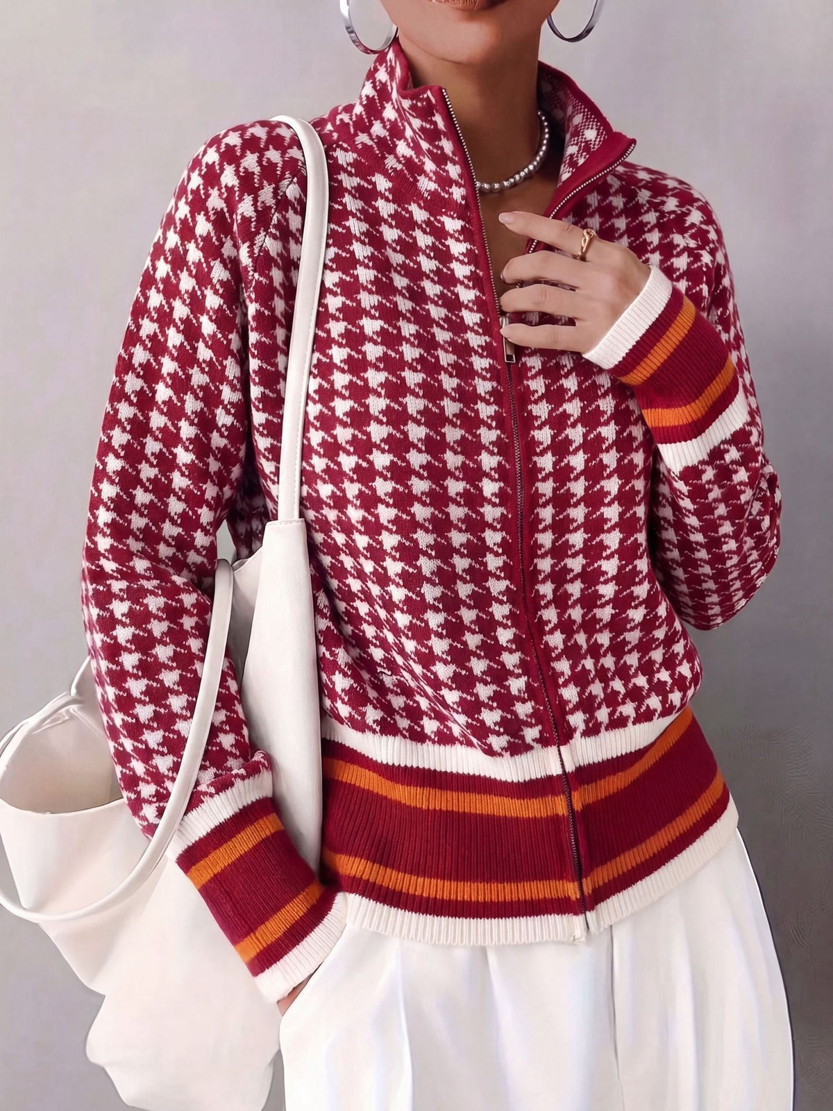 Women's Houndstooth Striped Zip Up Stand Collar Knit Cardigan