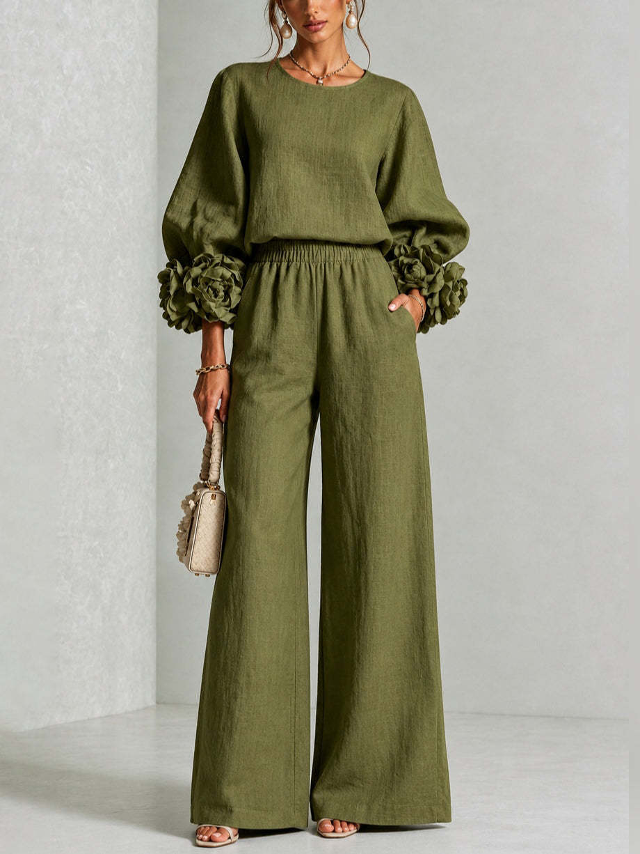 Pink Top Featuring Striking Floral Cuffs Paired With Wide-leg Pants Suit - Olive / XS(2) - Matching Sets