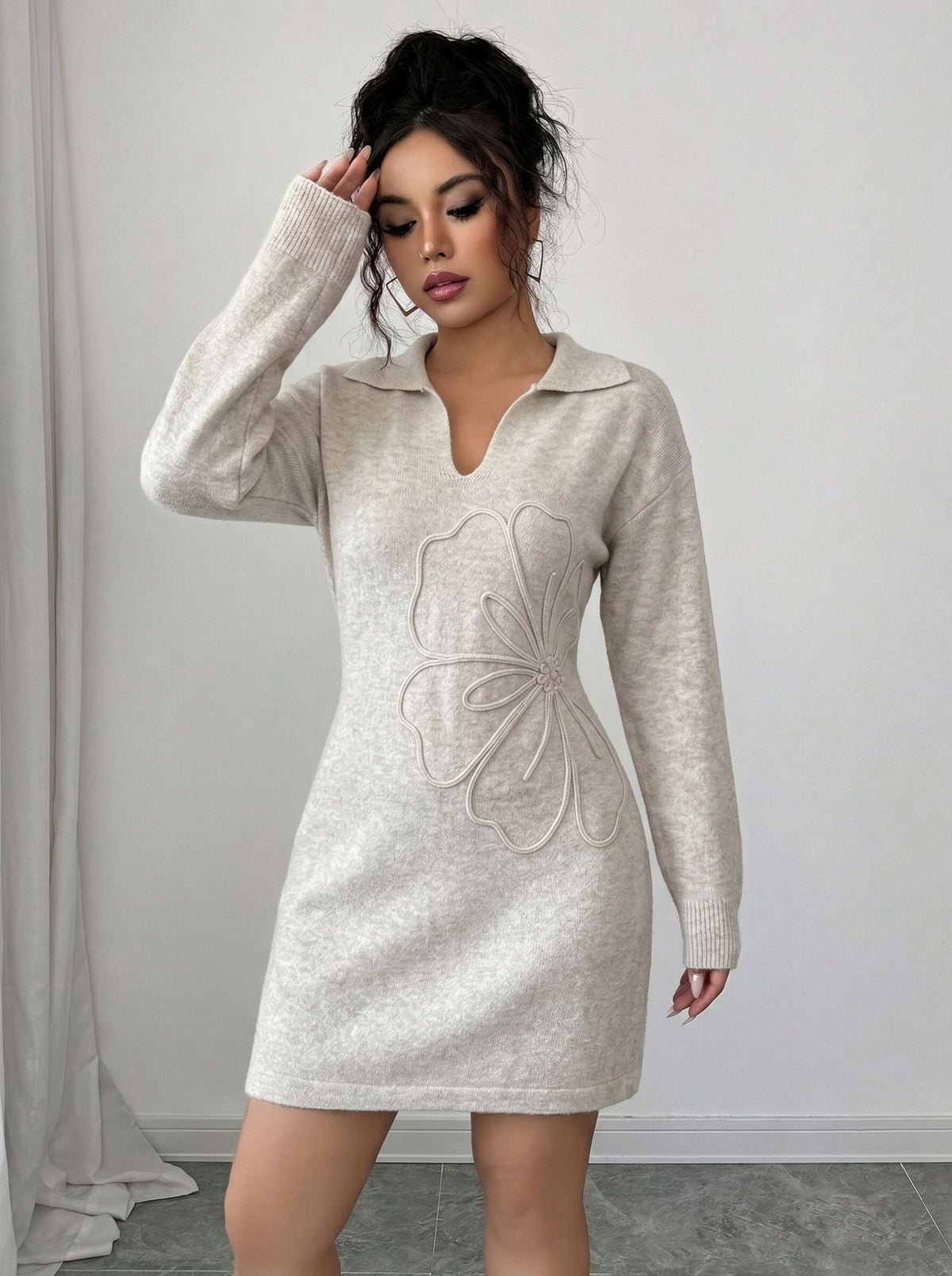 Polo Collar 3D Floral Embroidery Knit Mini Dress