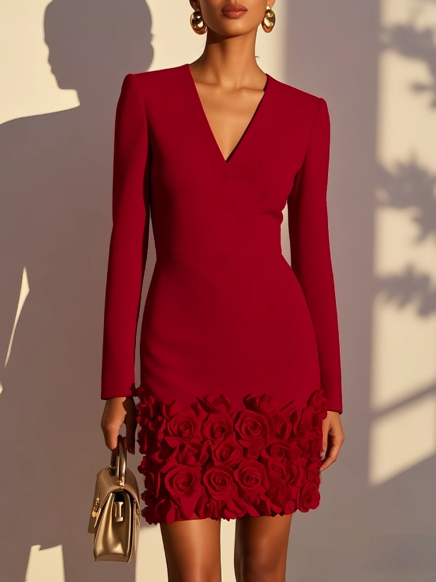 V‑Neck Long‑Sleeve 3D Rose Appliqué Bodycon Mini Dress - Red / S