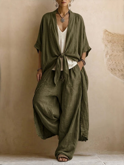 Oversized Linen Kimono & Wide Leg Pants Two-Piece Set