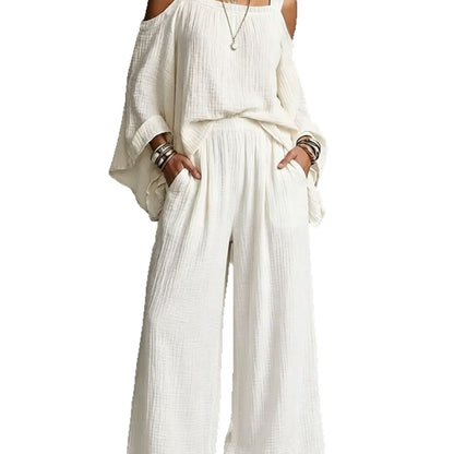 Women Solid Textured Cold Shoulder Batwing Top Elastic Waist Ruffle Wide Leg Pants Matching Set