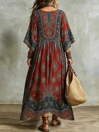 Bohemian Printed V‑Neck Kimono Sleeve Maxi Dress