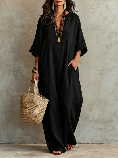 V‑Neck Half‑Sleeve Linen Blend Loose Maxi Kaftan Dress With Pockets