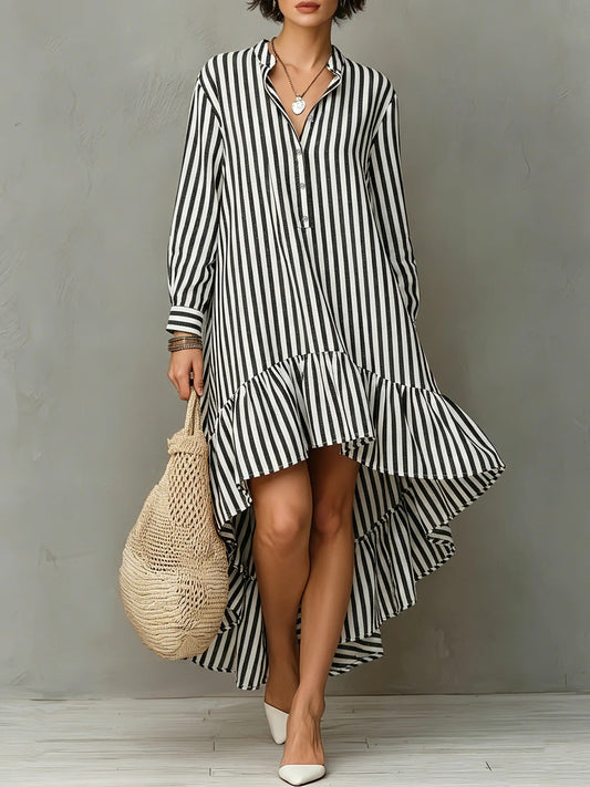 Vertical Stripe Long Sleeve Hi-Lo Ruffle Hem Shirt Midi Dress