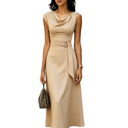 Cowl Neck Sleeveless Belted Midi Dress