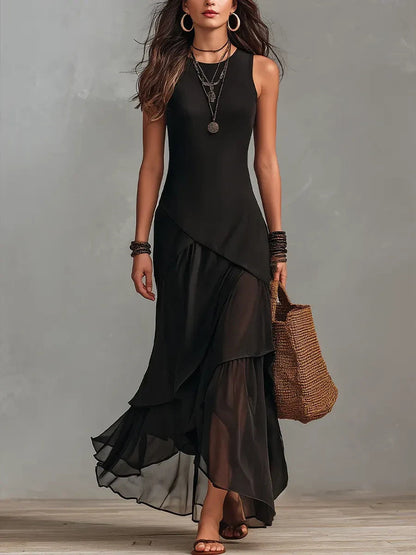 Sleeveless Asymmetric Layered Chiffon Maxi Dress