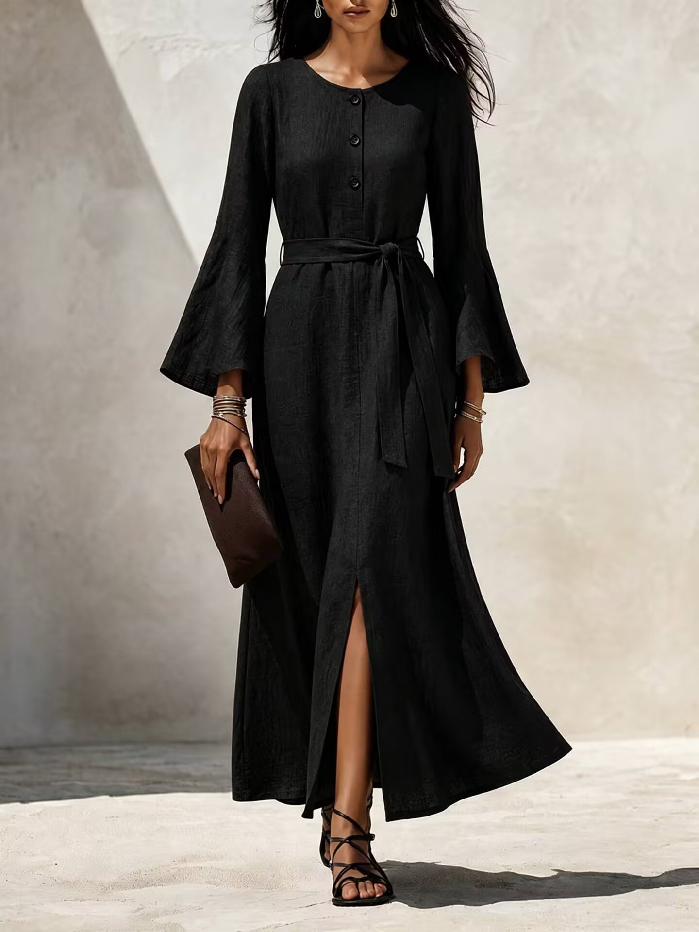 Linen‑Blend Flare‑Sleeve Maxi Dress