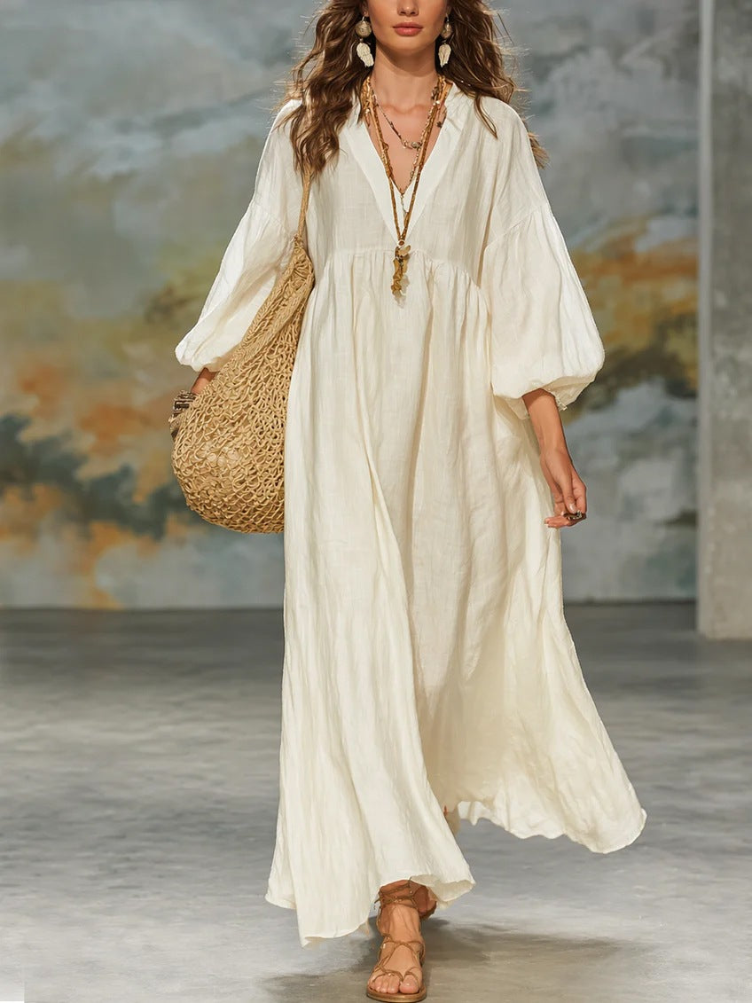 Boho V‑Neck Balloon Sleeve Linen‑Blend Maxi Dress