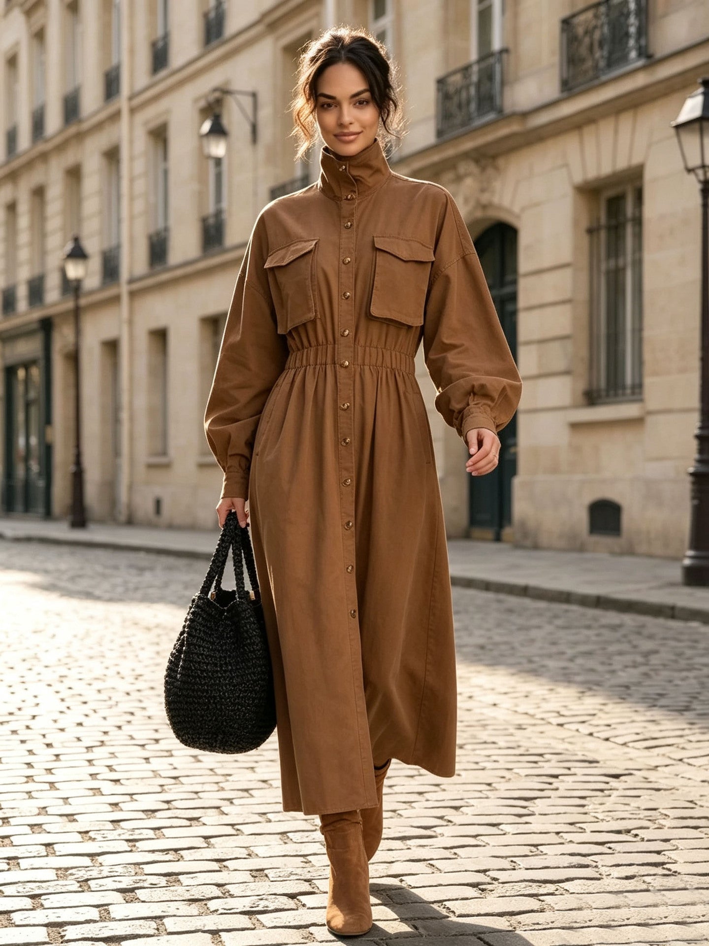 Women's Solid Beige Stand Collar Pocket Elastic Waist Long Sleeve Shirt Midi Dress