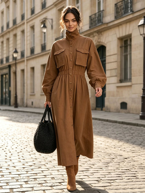 Women's Solid Beige Stand Collar Pocket Elastic Waist Long Sleeve Shirt Midi Dress