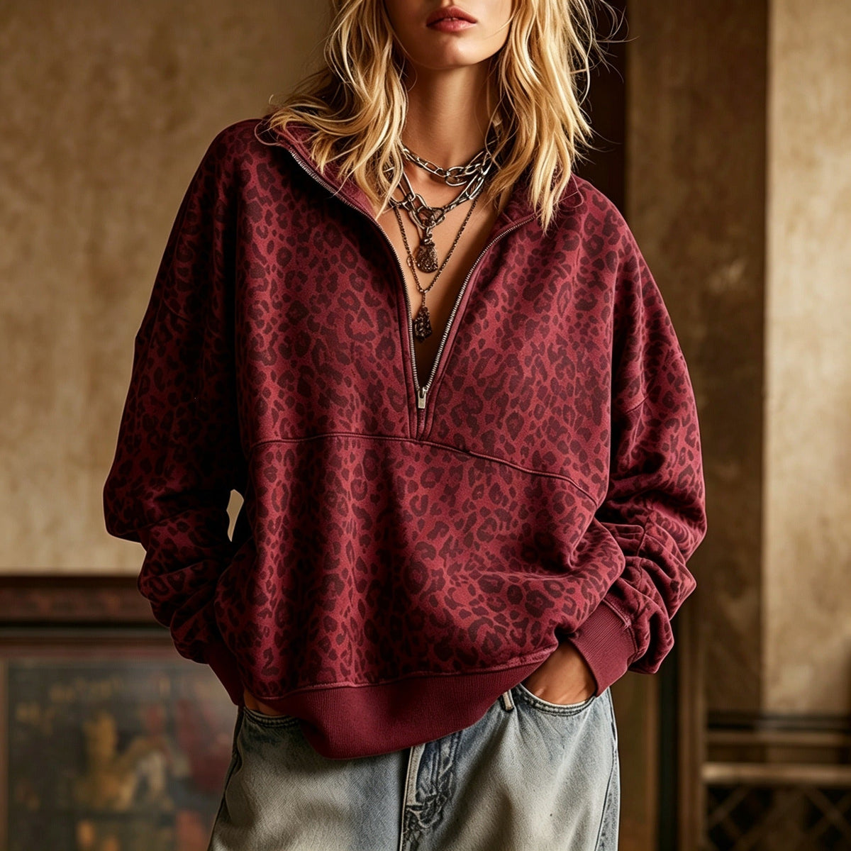 Women's Vintage Leopard Print Half Zip Long Sleeve Pullover Sweatshirt