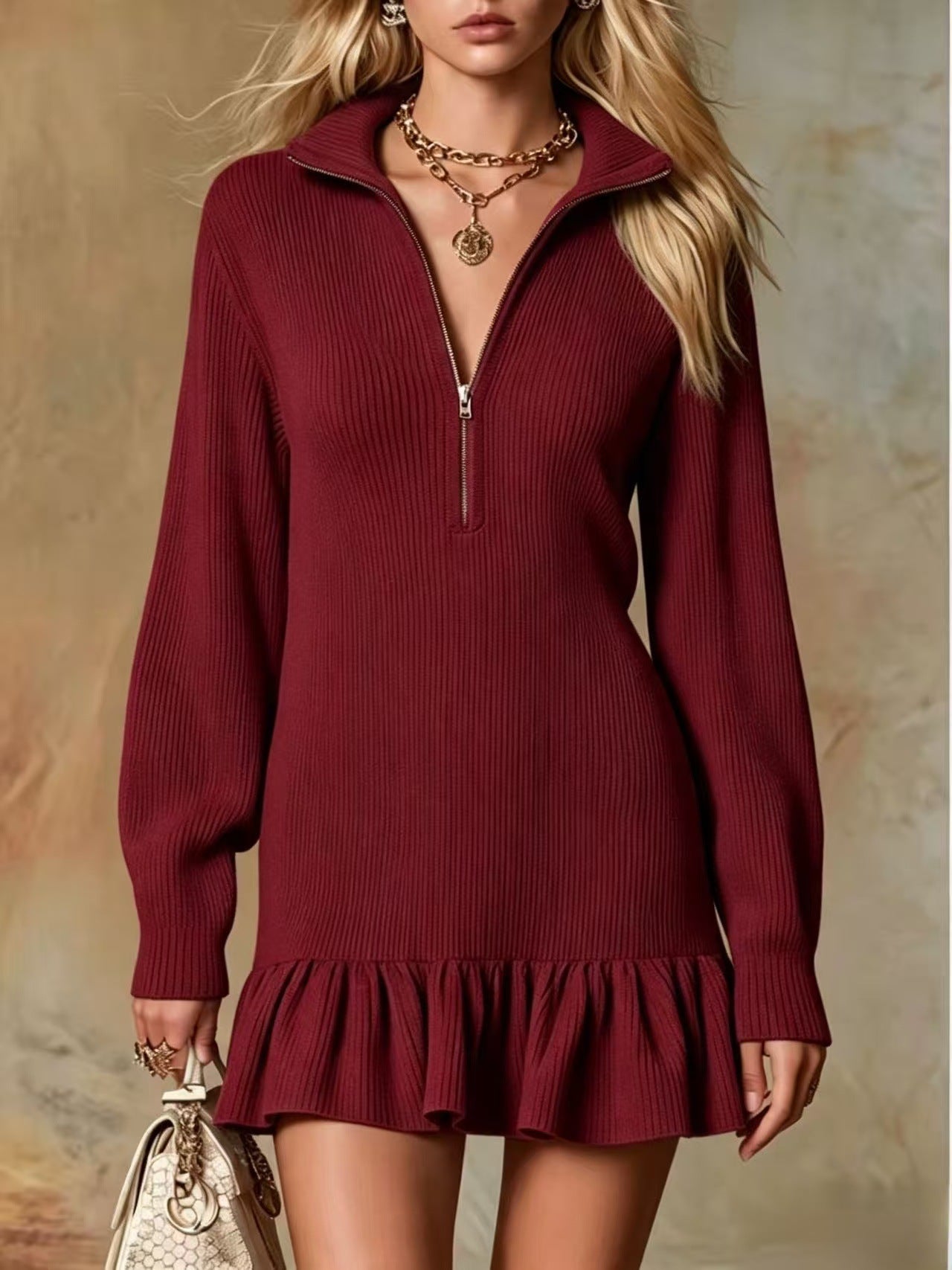 Half‑Zip Collared Ribbed Knit Ruffle Hem Sweater Dress