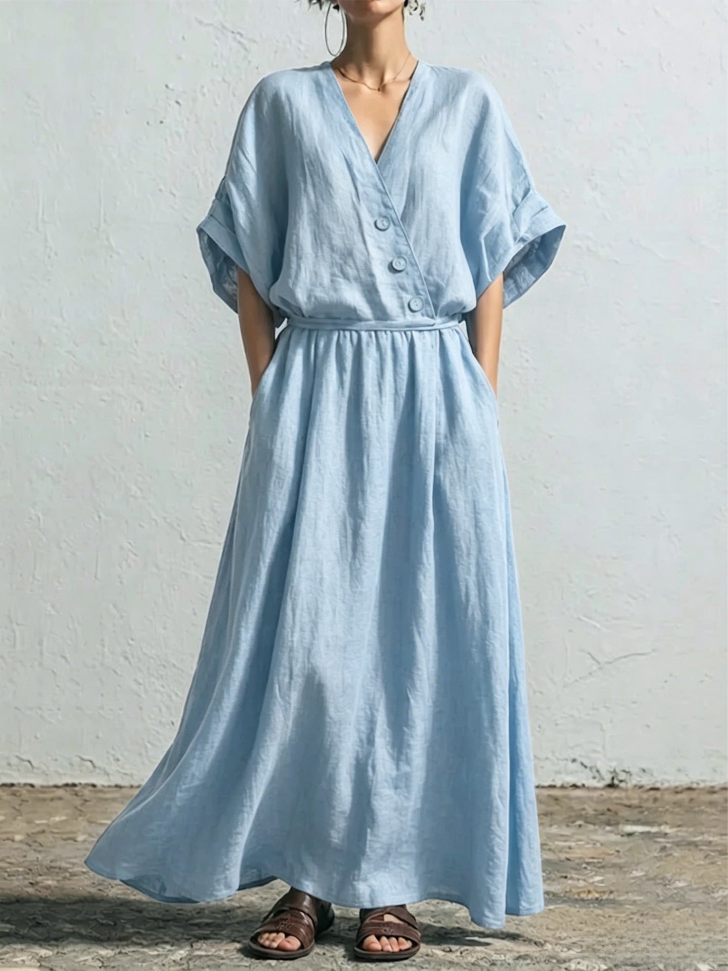 Belted Wrap Linen Blend Pocket Maxi Dress