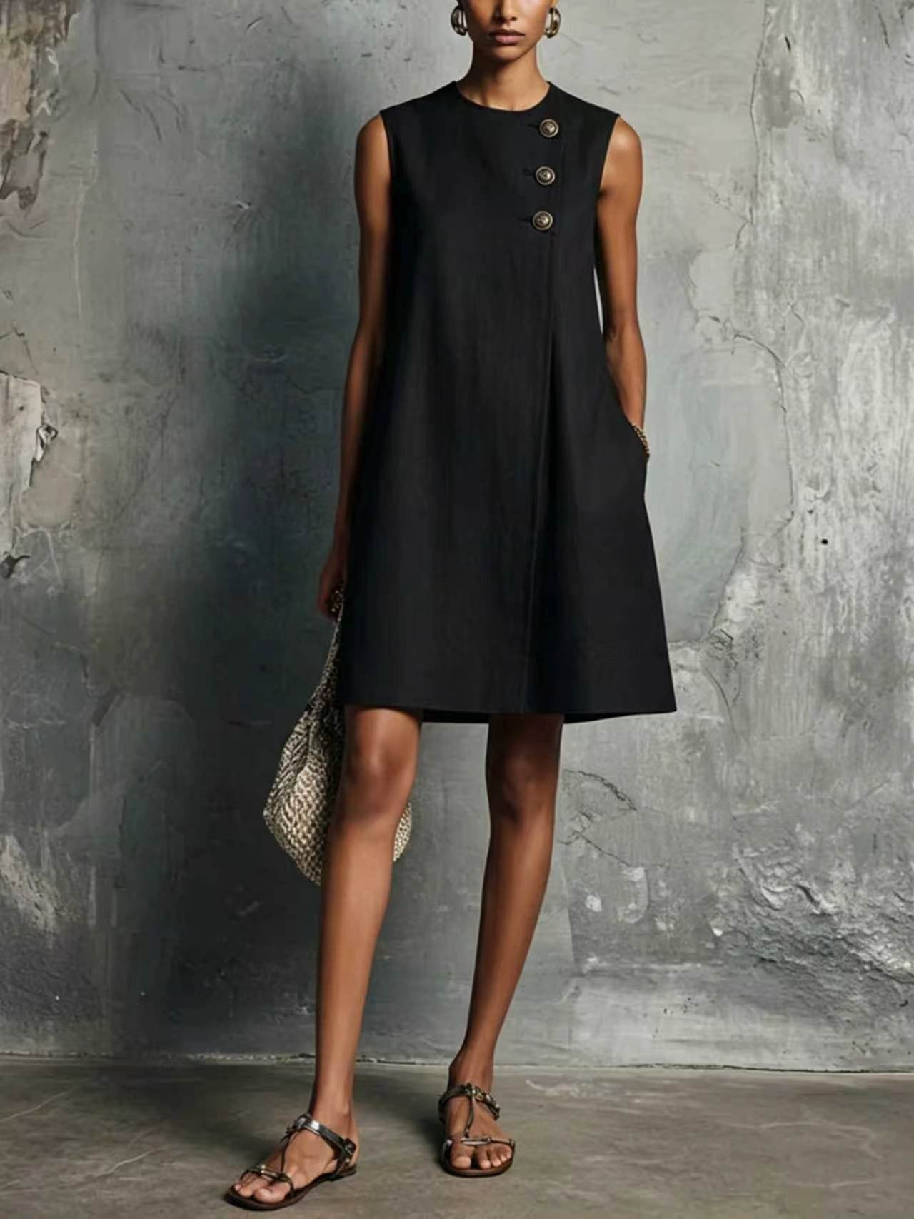 The Sculptural Button Shift Mini Dress
