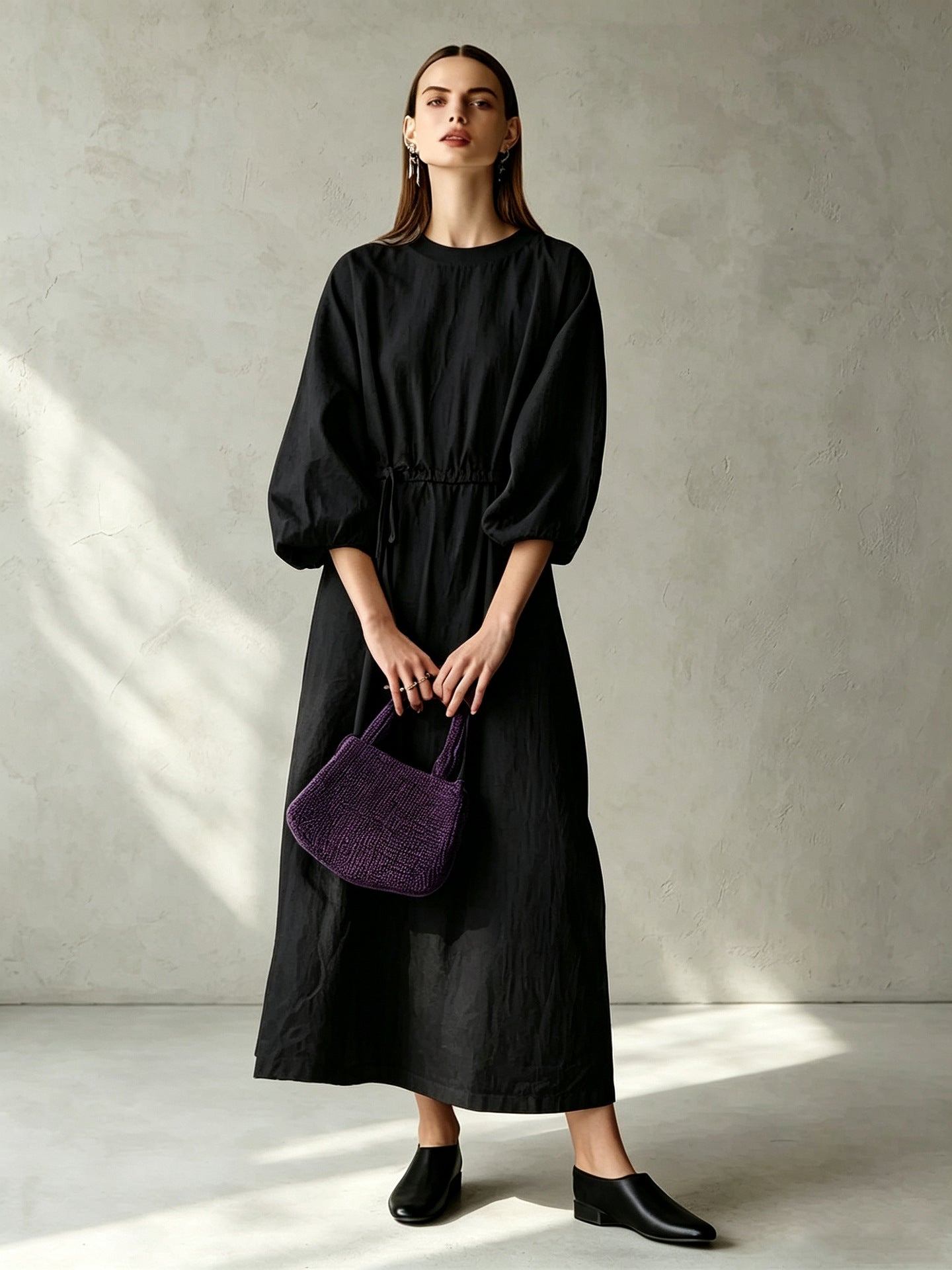 Women's Cream Textured Cotton-Blend Maxi Gown With Drop Shoulder Lantern Sleeves & Self Tie Waist Detail, Modern Effortless-Chic Everyday Maxi Dress