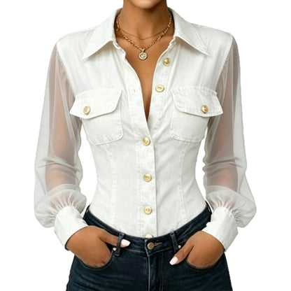 Sheer Mesh Sleeve Denim Blouse