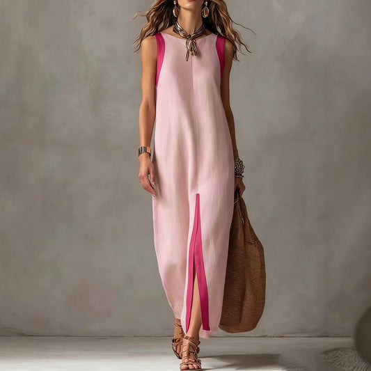Two-Tone Color Block Sleeveless Straight Midi Dress