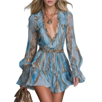 Blue Snake‑Print Ruffled V‑Neck Long Sleeve Chiffon Mini Dress