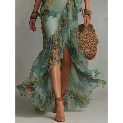 Deep‑V Smocked Waist Floral Chiffon Wrap Maxi Dress With Ruffled High‑Low Hem