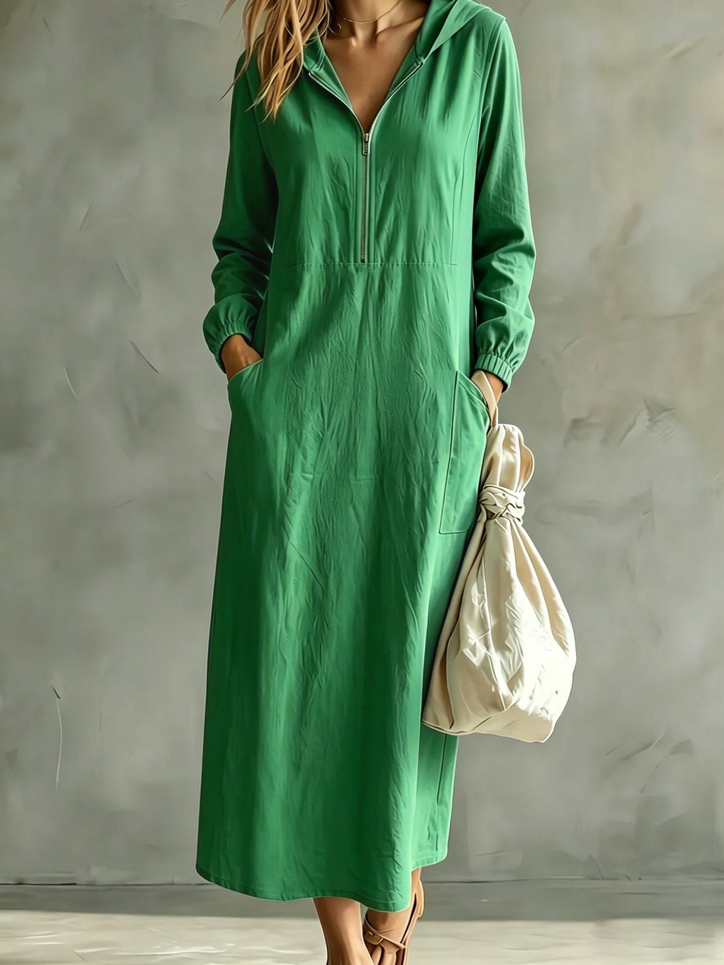 Hooded Zip-Neck Midi Dress