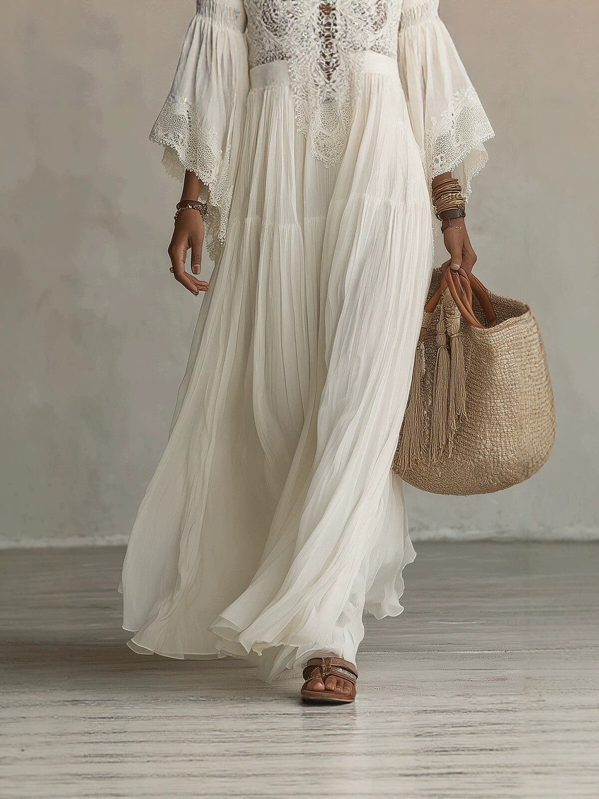 Women’s V-Neck Long Dress With Lace Detailing