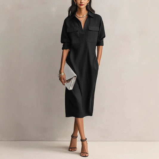 Linen Blend Shirt Midi Dress