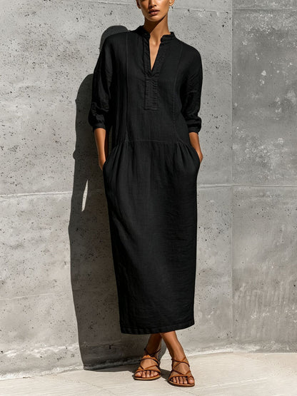 Linen Stand Collar Split V 3/4 Sleeve Drop Pocket Midi Dress
