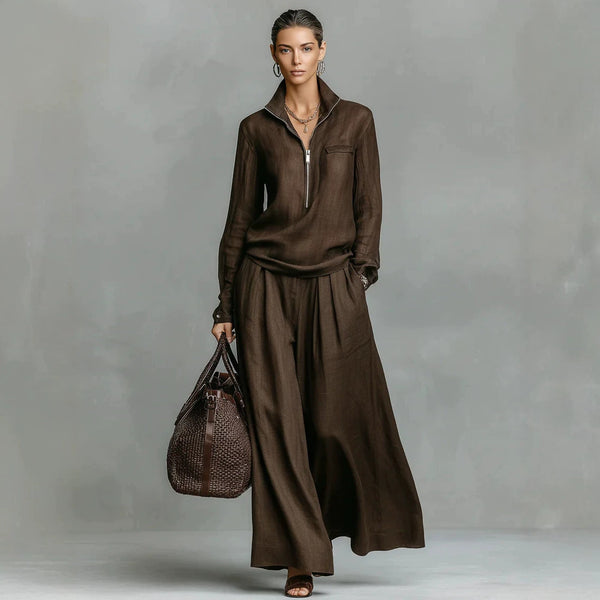 Linen Two Piece Set Women Half Zip Top & Wide Leg Pants Casual Co‑ord Outfit