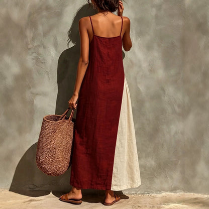 Block Spaghetti Strap Linen Asymmetrical Maxi Dress