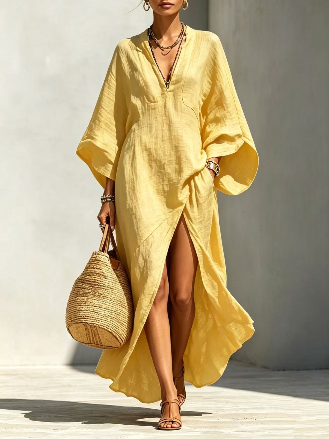 Linen‑Blend V‑Neck Kaftan Maxi Dress