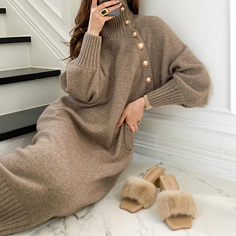 Asymmetric Button Batwing Sleeve Belted Knit Midi Dress