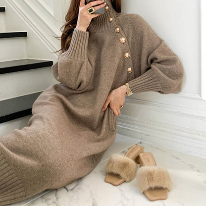 Asymmetric Button Batwing Sleeve Belted Knit Midi Dress