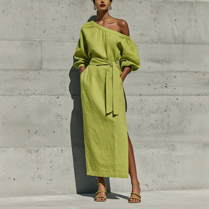 Linen One Shoulder Balloon Sleeve Self Tie Waist Side Slit Midi Dress