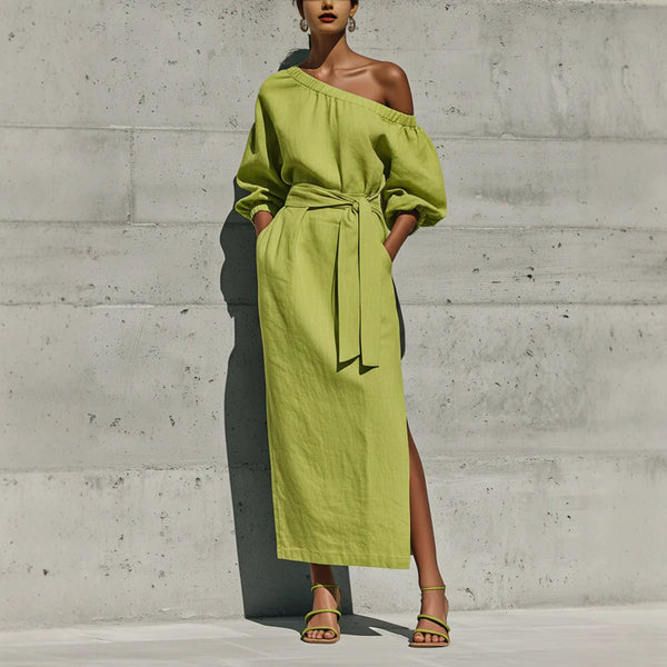 Linen One Shoulder Balloon Sleeve Self Tie Waist Side Slit Midi Dress