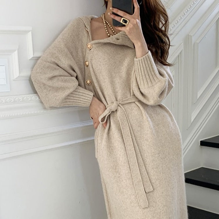 Asymmetric Button Batwing Sleeve Belted Knit Midi Dress